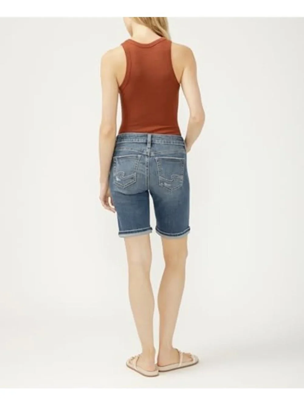 Curvy Fit Mid Rise Silver Denim Bermuda Shorts for Women - Stylish & Comfortable
